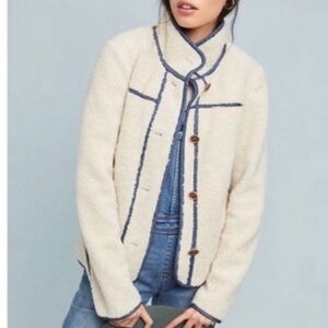 Anthropologie Cream Teddy Jacket with Blue Trim XL